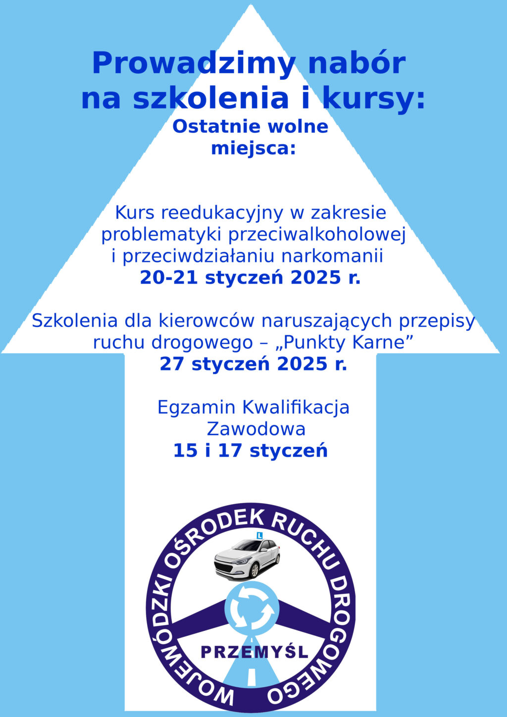 Prowadzimy nabór na szkolenia i kursy: Ostatnie wolne miejsca: Kurs reedukacyjny w zakresie problematyki przeciwalkoholowej i przeciwdziałaniu narkomanii 20-21 styczeń 2025 r. Szkolenia dla kierowców naruszających przepisy ruchu drogowego – „Punkty Karne” 27 styczeń 2025 r. Egzamin Kwalifikacja Zawodowa 15 i 17 styczeń