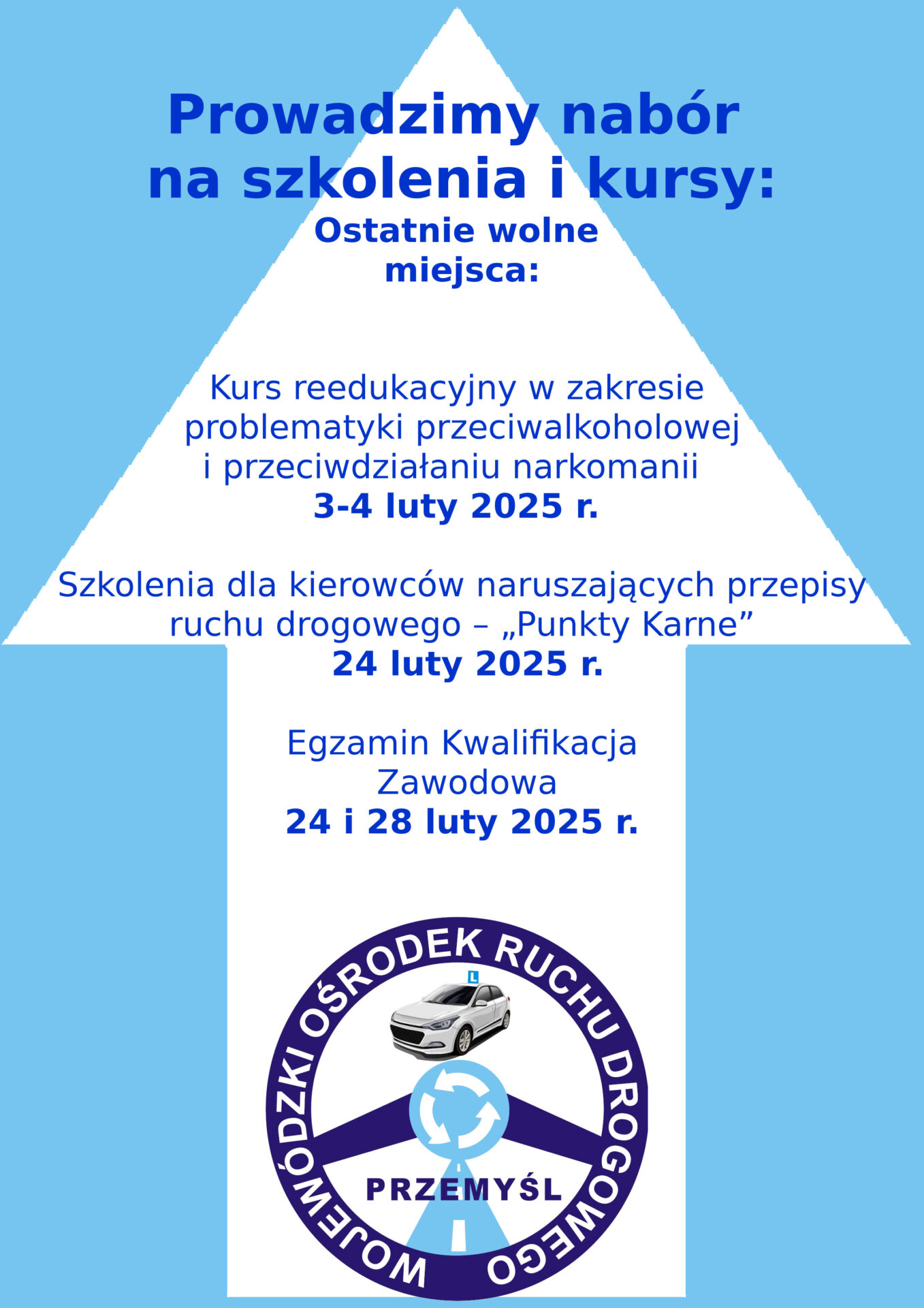 Prowadzimy nabór na szkolenia i kursy: Ostatnie wolne miejsca: Kurs reedukacyjny w zakresie problematyki przeciwalkoholowej i przeciwdziałaniu narkomanii 3-4 luty 2025 r. Szkolenia dla kierowców naruszających przepisy ruchu drogowego – „Punkty Karne” 24 luty 2025 r. Egzamin Kwalifikacja Zawodowa 24 i 28 luty 2025 r.