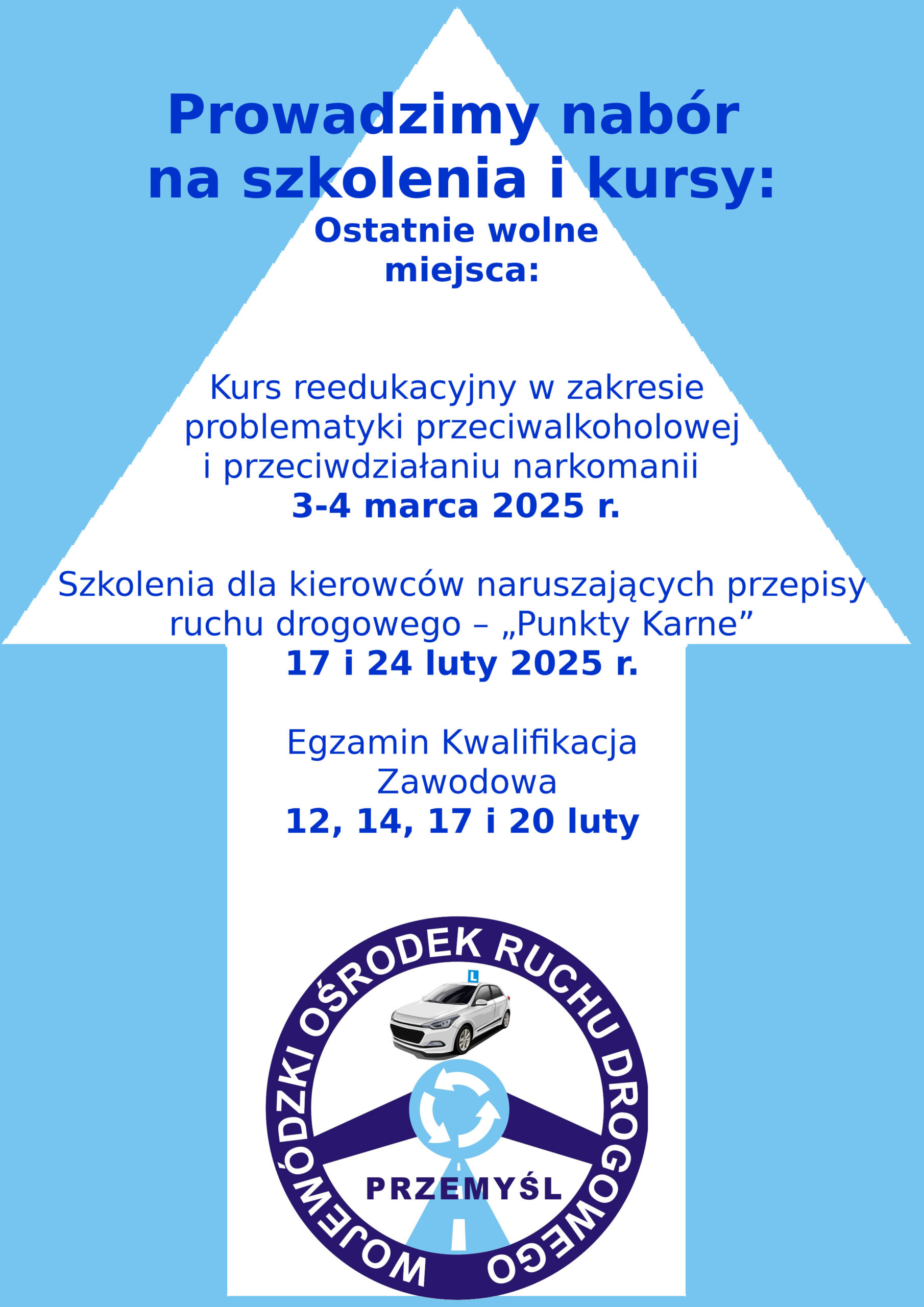 Prowadzimy nabór na szkolenia i kursy: Ostatnie wolne miejsca: Kurs reedukacyjny w zakresie problematyki przeciwalkoholowej i przeciwdziałaniu narkomanii 3-4 marca 2025 r. Szkolenia dla kierowców naruszających przepisy ruchu drogowego – „Punkty Karne” 17 i 24 luty 2025 r. Egzamin Kwalifikacja Zawodowa 12, 14, 17 i 20 luty