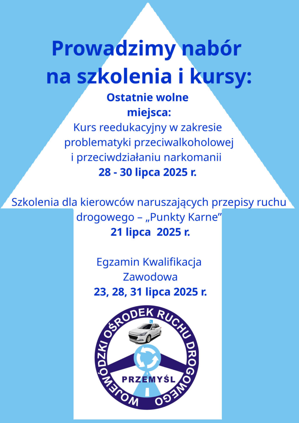 Prowadzimy nabór na szkolenia i kursy: Ostatnie wolne miejsca: Kurs reedukacyjny w zakresie problematyki przeciwalkoholowej i przeciwdziałaniu narkomanii 28 - 30 lipca 2025 r. Szkolenia dla kierowców naruszających przepisy ruchu drogowego – „Punkty Karne” 21 lipca 2025 r. Egzamin Kwalifikacja Zawodowa 23, 28, 31 lipca 2025 r.