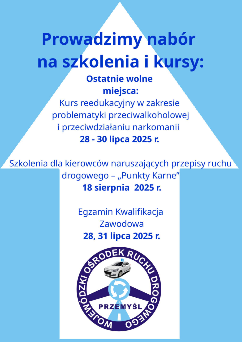 Prowadzimy nabór na szkolenia i kursy: Ostatnie wolne miejsca: Kurs reedukacyjny w zakresie problematyki przeciwalkoholowej i przeciwdziałaniu narkomanii 28 - 30 lipca 2025 r. Szkolenia dla kierowców naruszających przepisy ruchu drogowego – „Punkty Karne” 18 sierpnia 2025 r. Egzamin Kwalifikacja Zawodowa 28, 31 lipca 2025 r. ℹ️ zapisy: tel. 16 675 06 59 wew. 24 ☎☎☎☎lub kom. 691 339 133 📱📱📱📱biuro@wordprzemysl.pl www.wordprzemysl.pl Zapraszamy ‼