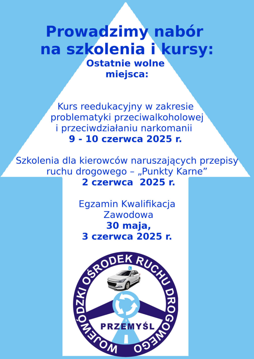 Prowadzimy nabór na szkolenia i kursy: Ostatnie wolne miejsca: Kurs reedukacyjny w zakresie problematyki przeciwalkoholowej i przeciwdziałaniu narkomanii 9 - 10 czerwca 2025 r. Szkolenia dla kierowców naruszających przepisy ruchu drogowego – „Punkty Karne” 2 czerwca 2025 r. Egzamin Kwalifikacja Zawodowa 30 maja, 3 czerwca 2025 r.