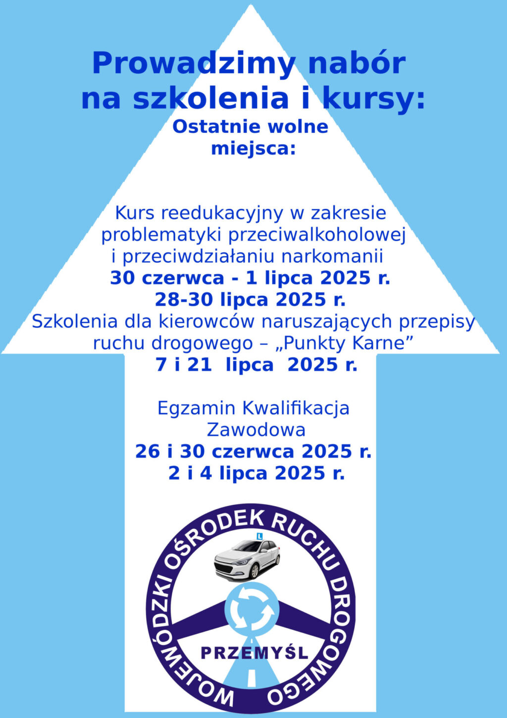 Prowadzimy nabór na szkolenia i kursy: Ostatnie wolne miejsca: Kurs reedukacyjny w zakresie problematyki przeciwalkoholowej i przeciwdziałaniu narkomanii 30 czerwca - 1 lipca 2025 r. 28-30 lipca 2025 r. Szkolenia dla kierowców naruszających przepisy ruchu drogowego – „Punkty Karne” 7 i 21 lipca 2025 r. Egzamin Kwalifikacja Zawodowa 26 i 30 czerwca 2025 r. 2 i 4 lipca 2025 r.