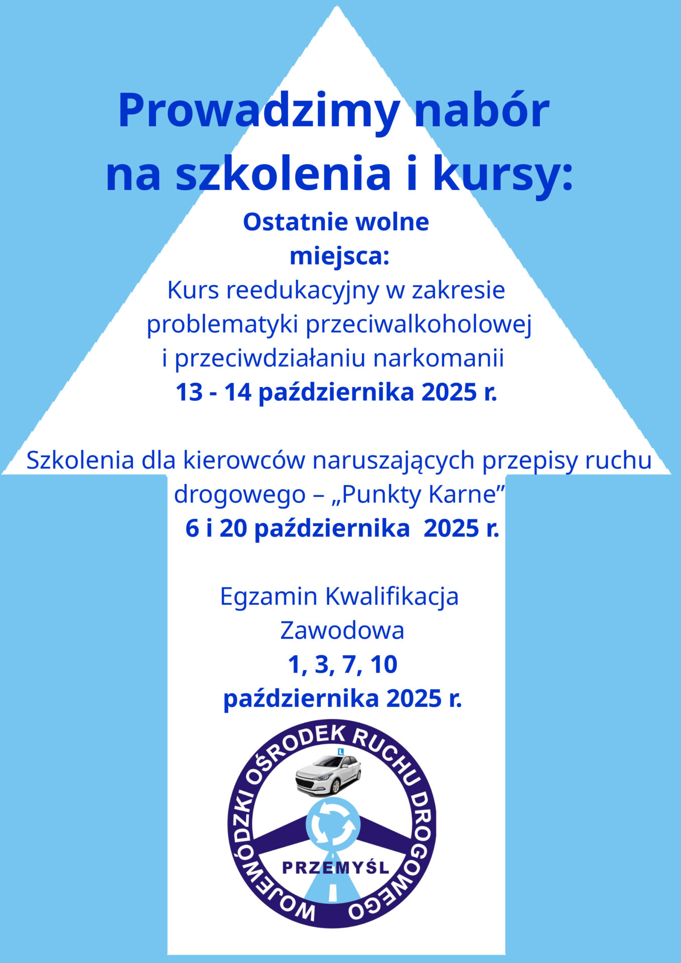 Prowadzimy nabór na szkolenia i kursy: Ostatnie wolne miejsca:🚗🚕🚗🚕🚗🚕🚗 Kurs reedukacyjny w zakresie problematyki przeciwalkoholowej i przeciwdziałaniu narkomanii 13 - 14 października 2025 r. 🚗🚕🚗🚕🚗🚕🚗 Szkolenia dla kierowców naruszających przepisy ruchu drogowego – „Punkty Karne” 6 i 20 października 2025 r. 🚗🚕🚗🚕🚗🚕🚗 Egzamin Kwalifikacja Zawodowa 1, 3, 7, 10 października 2025 r. ZAPRASZAMY‼️