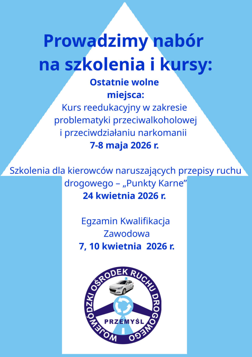 Prowadzimy nabór na szkolenia i kursy: Ostatnie wolne miejsca: Kurs reedukacyjny w zakresie problematyki przeciwalkoholowej i przeciwdziałaniu narkomanii 7-8 maja 2026 r. Szkolenia dla kierowców naruszających przepisy ruchu drogowego – „Punkty Karne” 24 kwietnia 2026 r. Egzamin Kwalifikacja Zawodowa 7, 10 kwietnia 2026 r.