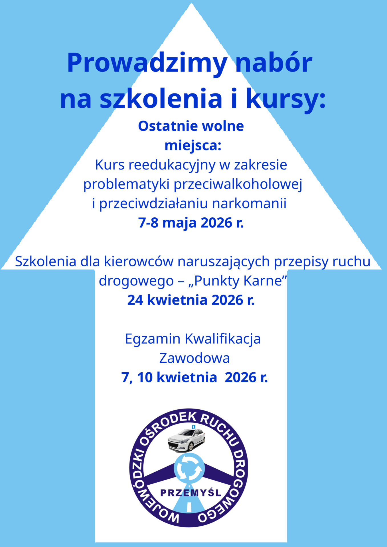 Prowadzimy nabór na szkolenia i kursy: Ostatnie wolne miejsca: Kurs reedukacyjny w zakresie problematyki przeciwalkoholowej i przeciwdziałaniu narkomanii 7-8 maja 2026 r. Szkolenia dla kierowców naruszających przepisy ruchu drogowego – „Punkty Karne” 24 kwietnia 2026 r. Egzamin Kwalifikacja Zawodowa 7, 10 kwietnia 2026 r.